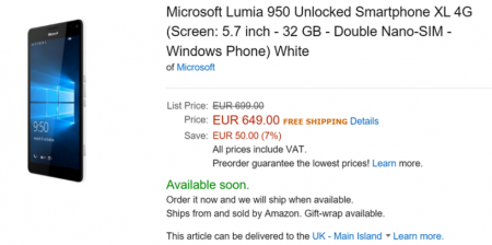 Lumia 950 و Lumia 950 XL در شعبه فرانسه فروشگاه اینترنتی Amazon تخفیف خوردند - دیجینوی