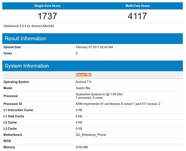 Xiaomi Mi Mix با اندروید ۷ نوقا در GeekBench دیده شد - دیجینوی