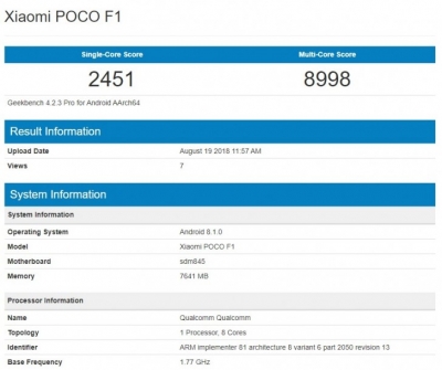 گوشی شیائومی Pocophone F1 به همراه ۸ گیگابایت حافظه رم در بنچمارک Geekbench رویت شد - دیجینوی