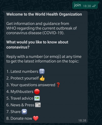 بات سازمان بهداشت جهانی برای اطلاعات ویروس کرونا در واتس‌اپ دسترس قرار گرفت - دیجینوی