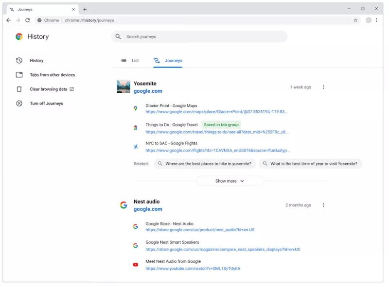 قابلیت Journeys مرورگر کروم