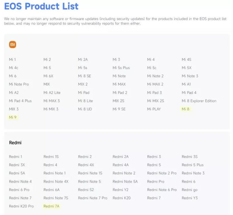 لیست EOS شیائومی