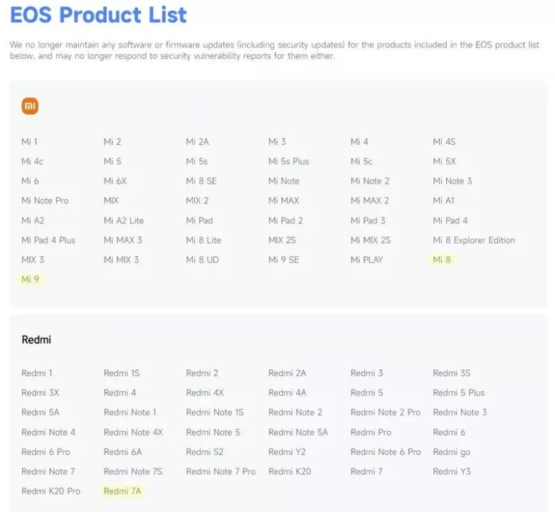 Xiaomi EOS List (1) لیست EOS شیائومی