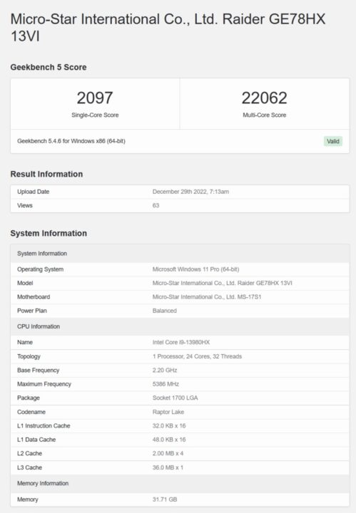 Intel Raptor Lake-HX flagship Core i9-13980HX in MSI Raider GE78 HX within striking distance of 170 W Ryzen 9 7950X and 51 faster than leaked Apple M2 Max نتایج بنچمارک پردازنده Core i9-13980HX اینتل فاش شد - دیجینوی