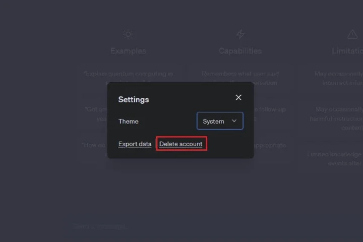 Selecting-Delete-account-option-in-ChatGPT یادگیری حذف حساب ChatGPT