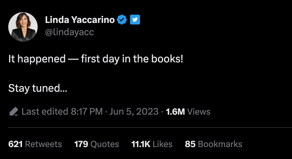 Linda Yaccarino Tweets about First Day as Twitter CEO لیندا یاکارینو