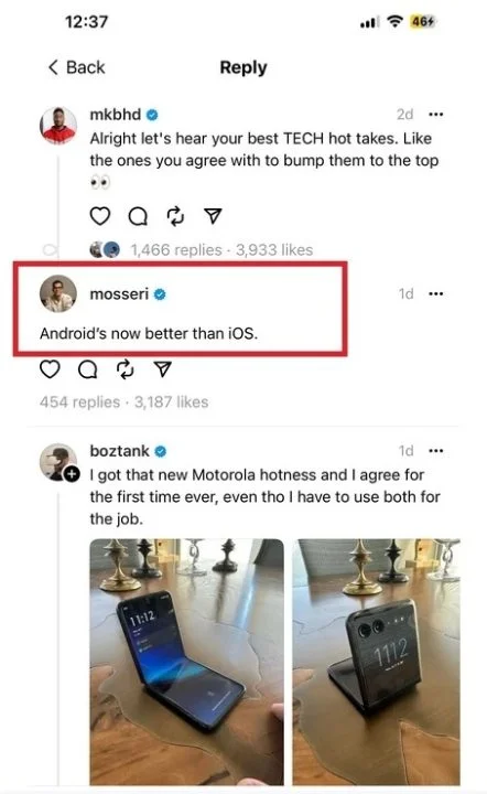 Instagrams head honcho says on Threads thaVt Androids now better than iOS iOS