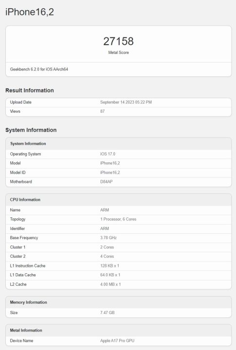 نتیجه بنچمارک پردازنده A17 پرو