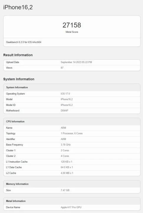 A17 Pro Benchmark Result نتیجه بنچمارک پردازنده A17 پرو