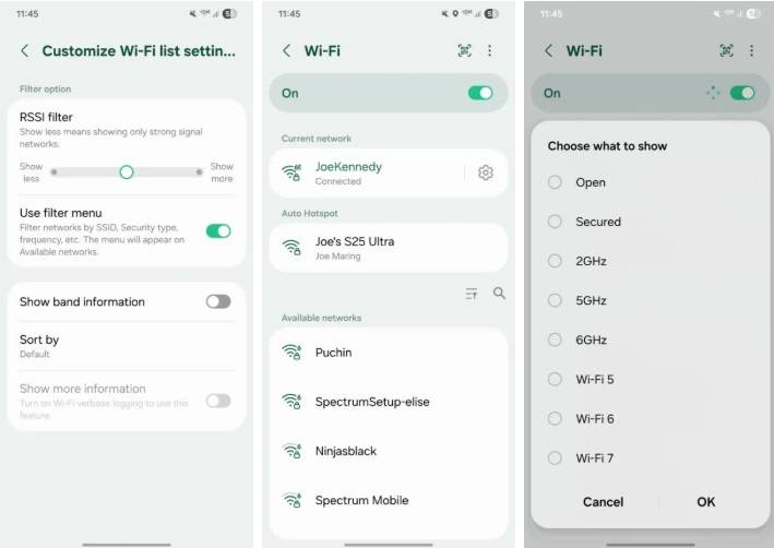 صفحه سفارشی سازی لیست Wi-Fi صفحه تنظیمات وای فای سامسونگ