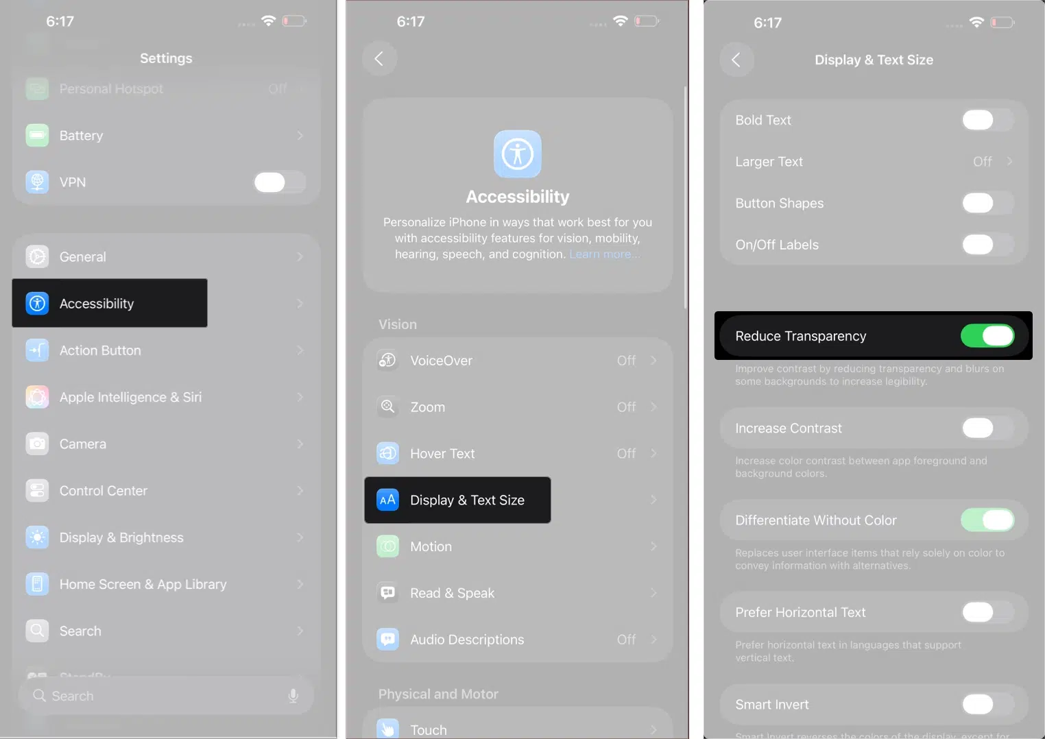 reduce-the-transparency-in-iOS-26jpg چطور اثر شیشهای Liquid Glass در iOS 26 را کاهش دهیم؟