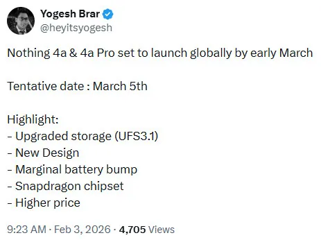 Nothing-Phone-4a-series-launch-details-Yogesh-Brar افشای تاریخ معرفی سری ناتینگ فون 4a؛ فقط چند هفته تا رونمایی باقی مانده است - دیجینوی
