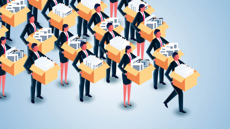 Crowd of businesspeople in suits carrying yellow boxes overflowing with papers, symbolizing workload.