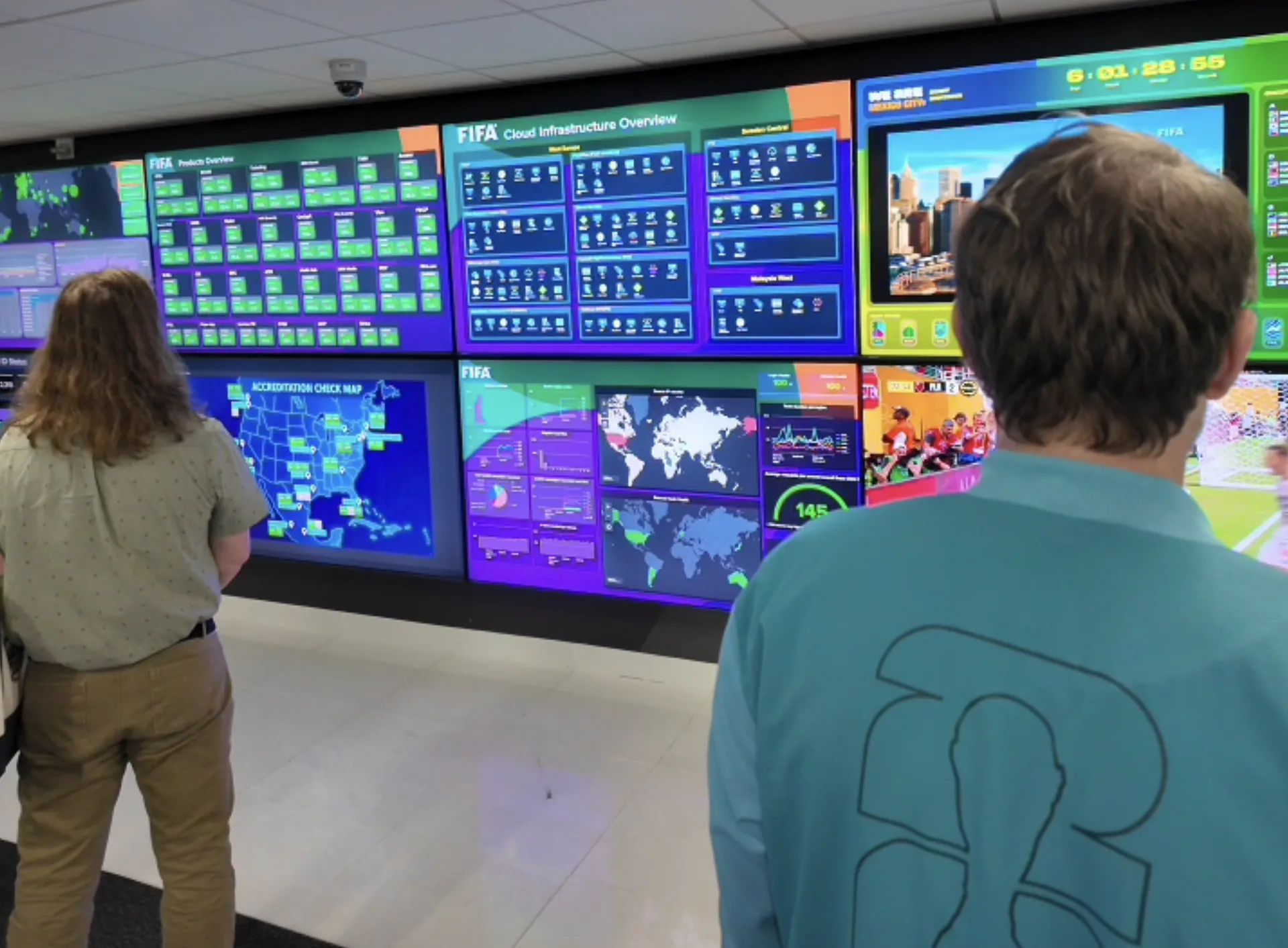 Two people stand facing a wall of bright screens showing FIFA cloud infrastructure dashboards and maps.