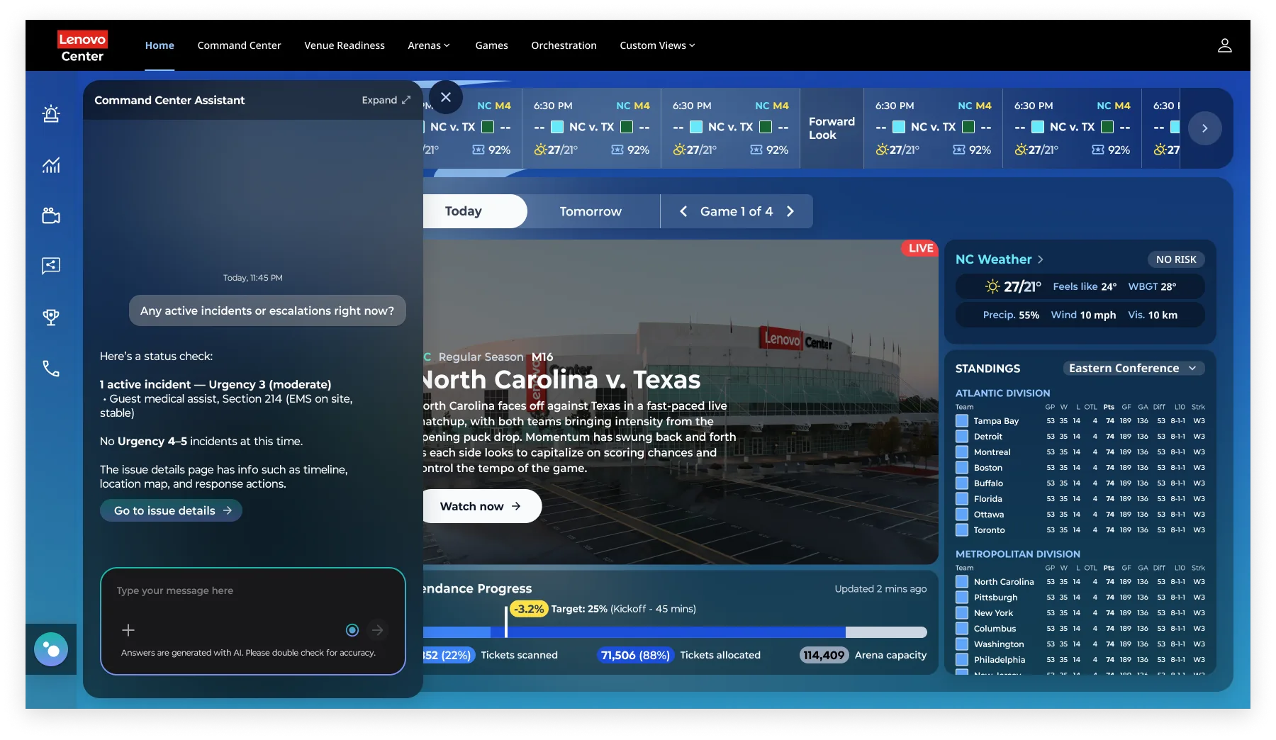 Lenovo Center dashboard with a left vertical menu and a large Command Center Assistant chat panel overlaying a live game feature.