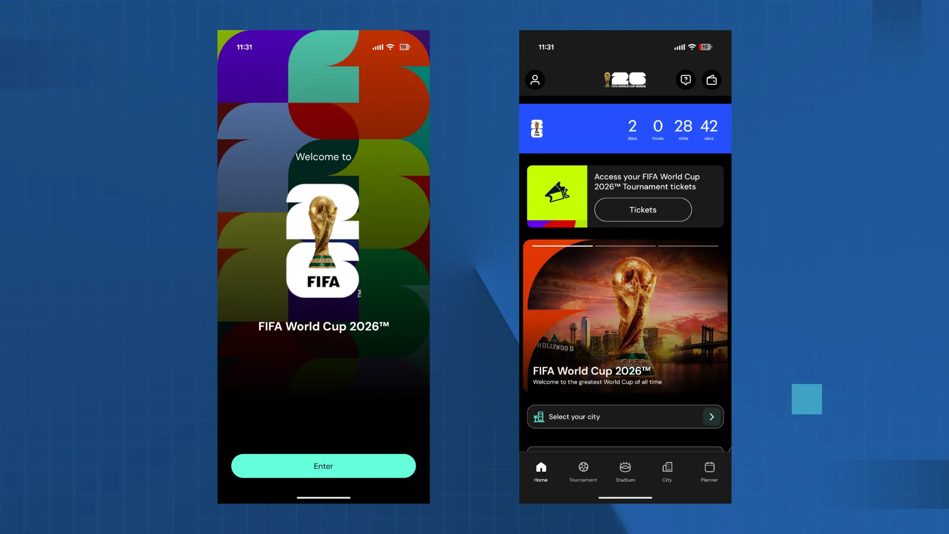 Two smartphone screens: left shows a colorful FIFA World Cup 2026 welcome screen with an Enter button; right shows a FIFA World Cup 2026 screen with a countdown and a Tickets card.