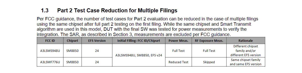 Section heading and explanatory paragraph about Part 2 test case reduction for multiple filings, followed by a table comparing two FCC filings, chipsets, and test measurements. Row 1: FCC ID A3LSMS948U with SM8850, EFS v24; full tests for power and RF exposure; rationale notes different chipset family. Row 2: FCC ID A3LSMF776U with SM8850, EFS v24; reduced test; power exposure skipped; rationale notes same chipset family and EFS version.