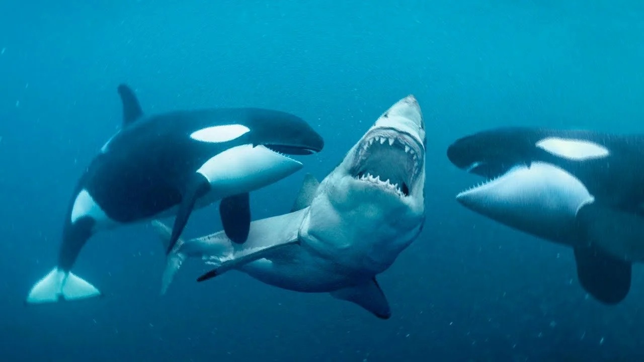 Three killer whales surround a large shark underwater, the shark with its mouth open wide showing teeth.