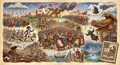 Colorful collage of a medieval town facing disasters: crowds dancing, battles, floods, fires, and odd flying ships as an apocalyptic scene unfolds.