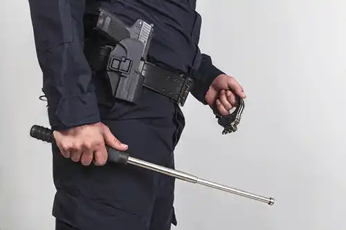Police officer in a dark uniform holding a baton with gear on the duty belt visible, including a holster and handcuffs in the other hand.