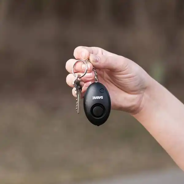 Hand holding a small black car key fob with two buttons and a metal key on a split ring