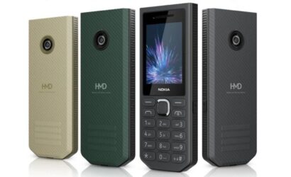 1000051436 Four Nokia feature phones in beige, green, black, and gray, shown from the back and center phone displaying keypad.