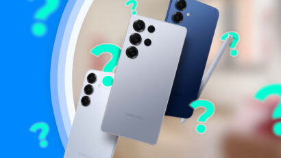 Three Samsung Galaxy phones in silver, white, and blue with a stylus, surrounded by glowing question marks—evoking a choice or comparison inquiry.