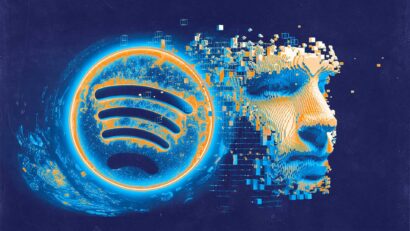 Abstract image of the Spotify logo dissolving into blue and orange pixel blocks against a dark blue background.