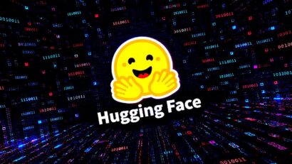 Hugging Face logo—a yellow smiling emoji—over a dark digital matrix background in neon colors.