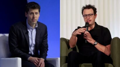 Side-by-side: man in a blue-lit suit on the left, man in a black polo with a microphone on the right.