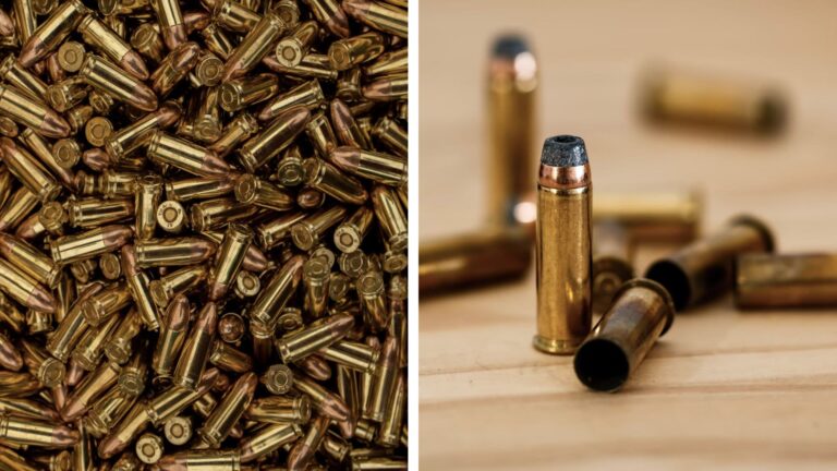 Left panel: mass of brass cartridge casings and bullets piled together. Right panel: a few spent bullets standing upright on a wooden surface with a blurred background.