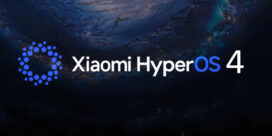 Xiaomi HyperOS 4 logo on a dark, space-themed background with a blue circular dot motif on the left.
