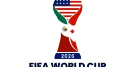 FIFA World Cup 2026 logo: a stylized torch with flag elements of the United States, Canada and Mexico, plus the year 2026 and host nations listed.